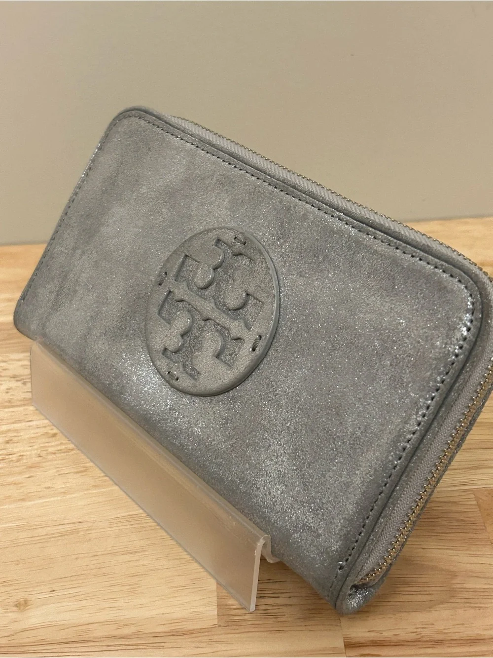 Tory Burch Silver Metallic Logo Zip Wallet